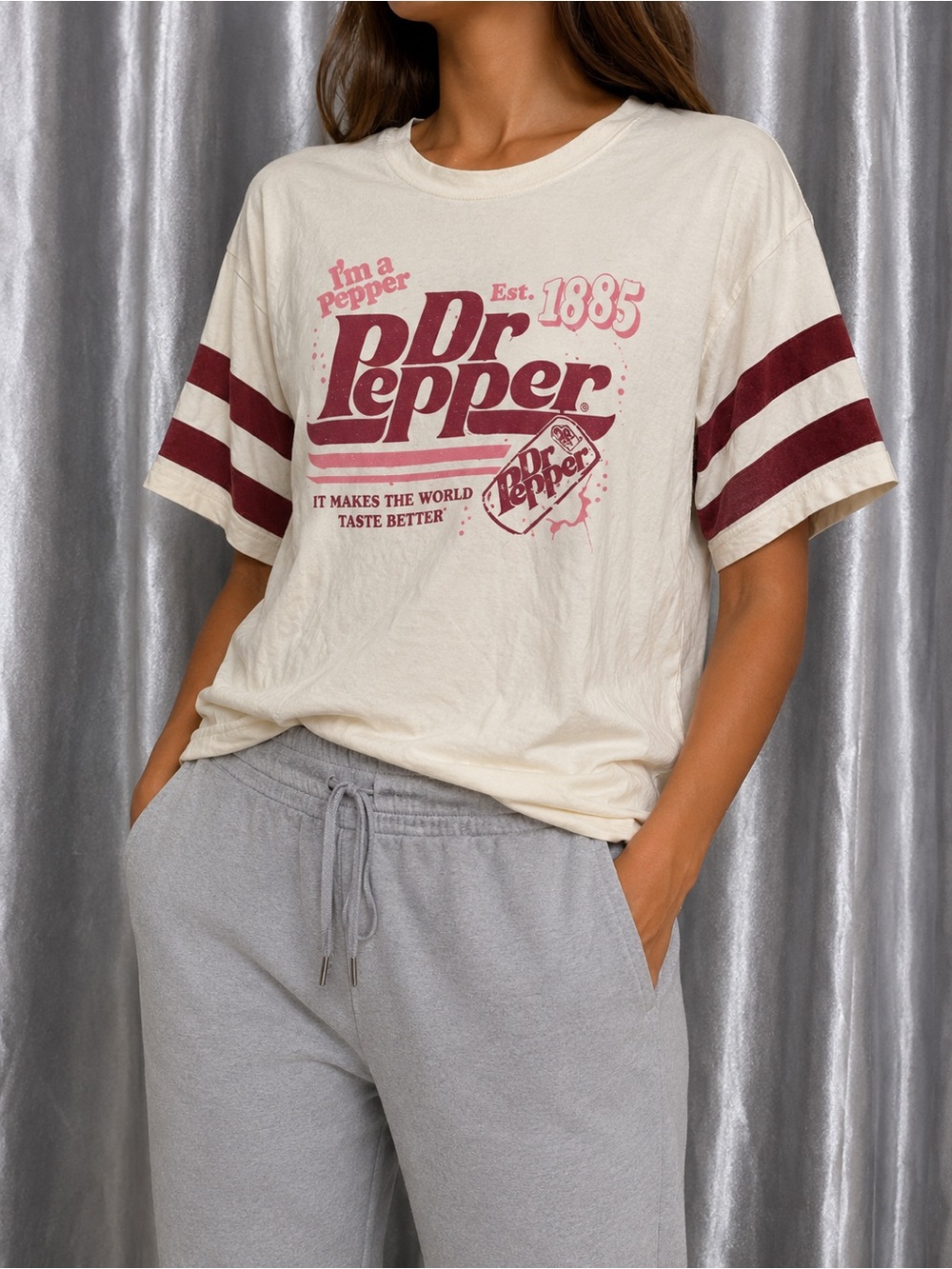 Dr Pepper I’m a Pepper Graphic Ringer T Shirt Women S Cream Pink Retro Soda Tee